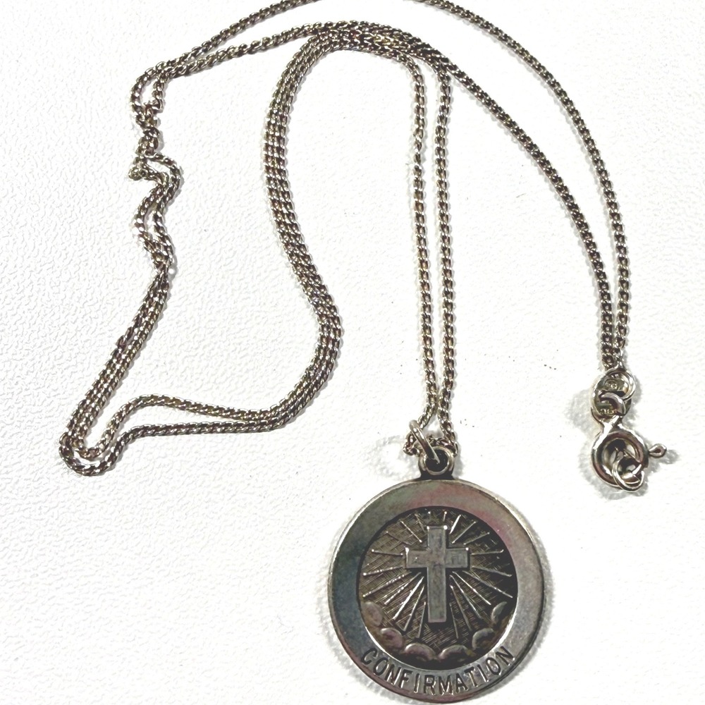 Sterling Silver Confirmation Cross Medal Necklace Alanna Italy Religious 18" VTG